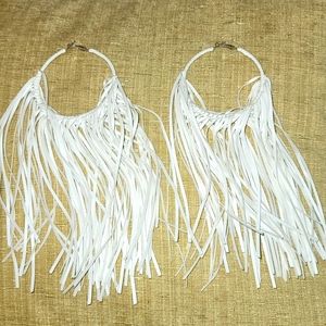 Sassy Jones White Dina Genuine Leather Fringe Hoops